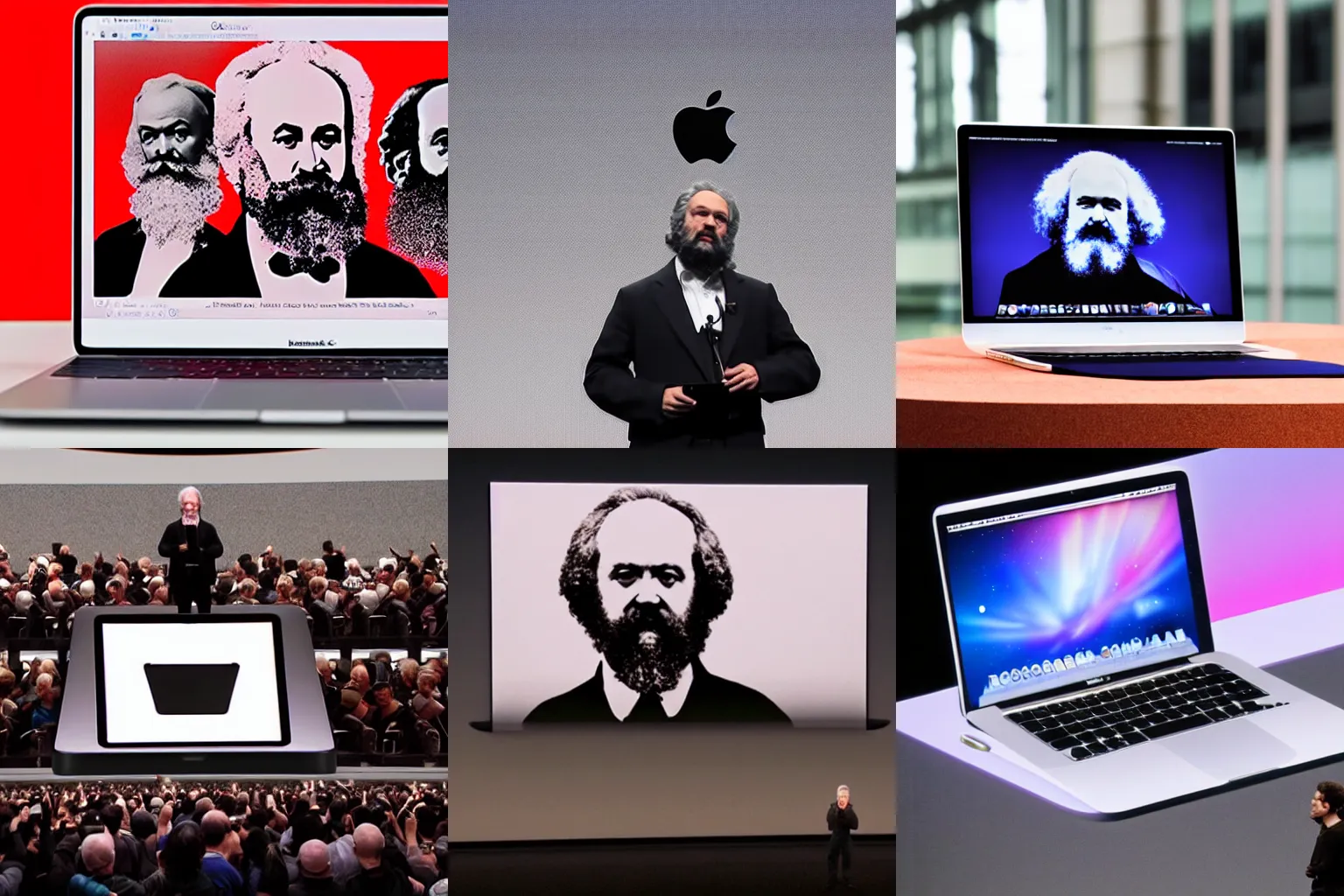 Prompt: Karl Marx presents new macbook at wwdc