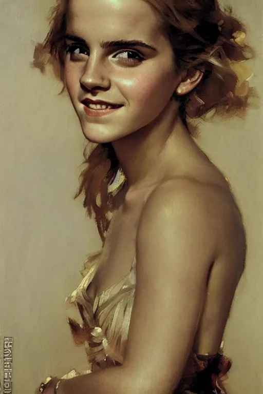 Prompt: smiling emma watson detailed portrait painting by gaston bussiere craig mullins j. c. leyendecker richard avedon