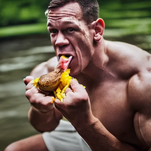 Prompt: John Cena eating a duck, 40nm lens, shallow depth of field, split lighting, 4k,