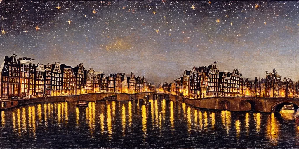 Prompt: view from the amstel river in amsterdam at night, sky full of stars, art by ippolito caffi, very beautiful, intricate, highly detailed, romantic painting