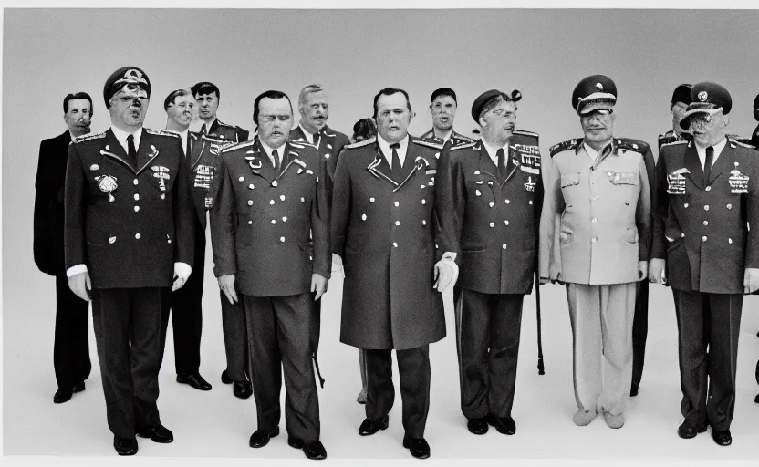Prompt: 70s movie still of Josip Broz Tito with sovietic generals, by Irving Penn , Cinestill 800t 35mm black and white, heavy grainy picture, very detailed, high quality, 4k, HD criterion, precise texture