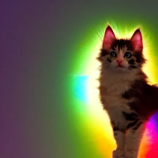 Image similar to of a very proud fluffy rainbow kitten howling at moon with a glowing rainbow aura