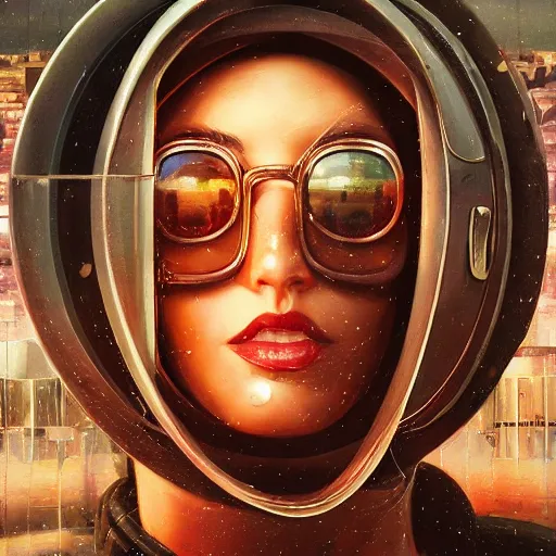 Prompt: detailed face of an arabic woman, clockwork, moment, tectonic sky, skydome, bullet train, turbines, utopian, tech noir, wet reflections, prism, atmospheric, ambient, pj crook, syd mead, livia prima, artgerm, greg rutkowski, nick alm, casey baugh