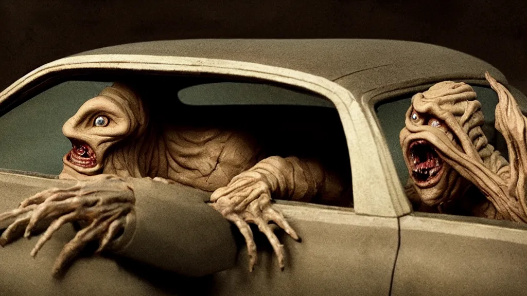 Prompt: the creature sits in a car, made of clay and oil, film still from the movie directed by Denis Villeneuve with art direction by David Cronenberg, wide lens