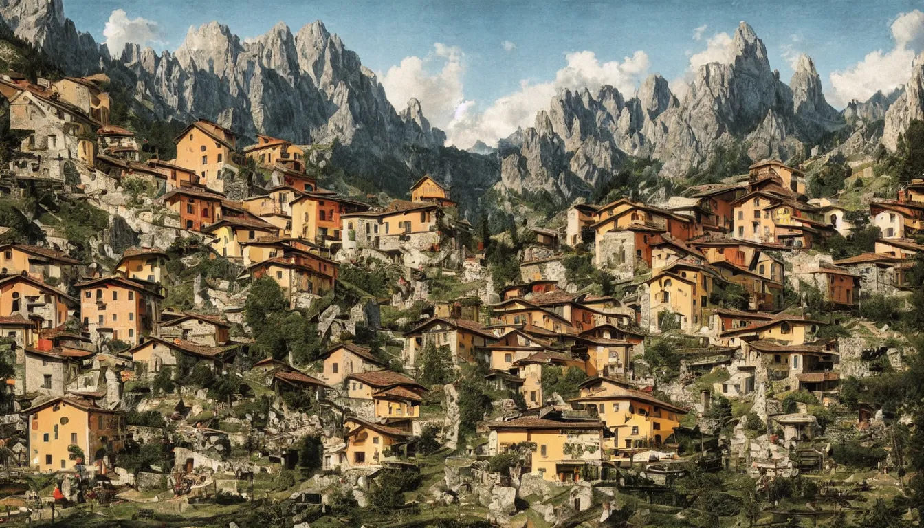 Image similar to an italian town in the dolomites mountains, maximalism