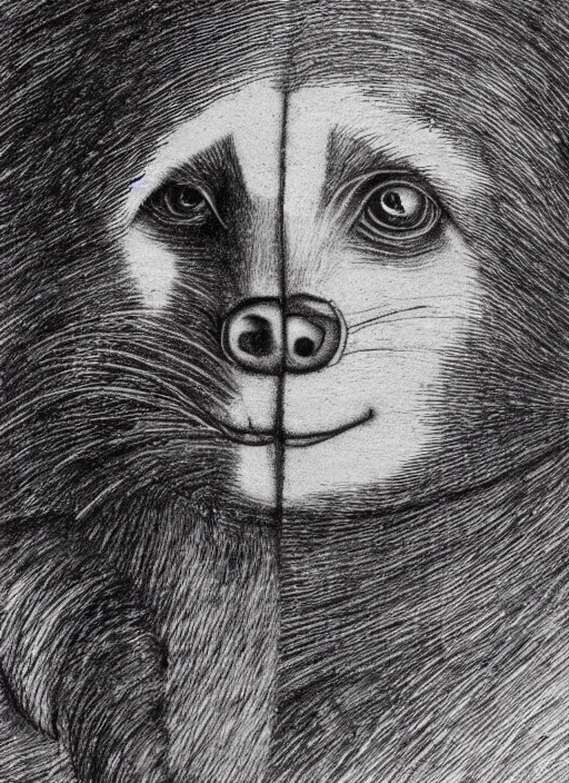 Image similar to self portrait of a racoon in the style of Leonardo Da Vinci, very detailed, drawing