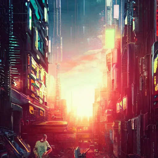 Image similar to Cyberpunk city, street vendors, citizens, augmented cyborgs, robots, skyscapers, buildings, clouds, sunset, painted by seb mckinnon, high detail, digital art, trending on artstation