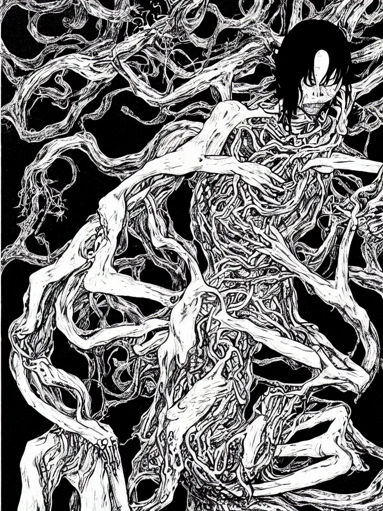 Image similar to black and white illustration creative design junji ito body horror monster