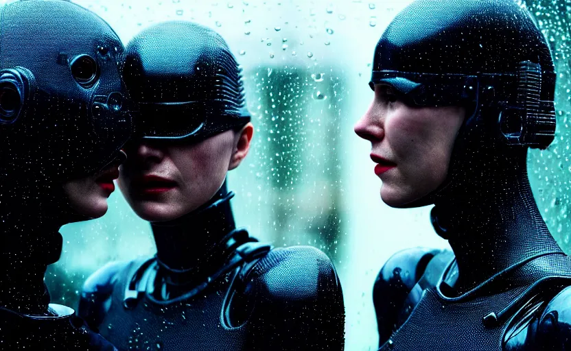 Image similar to cinestill 5 0 d candid photographic portrait by christopher nolan of two loving female androids sobbing wearing rugged black mesh techwear in treacherous city waters, medium closeup, modern cyberpunk moody emotional cinematic, pouring iridescent rain bright spotlight, 8 k, hd, high resolution, 3 5 mm, f / 3 2, ultra realistic faces, ex machina