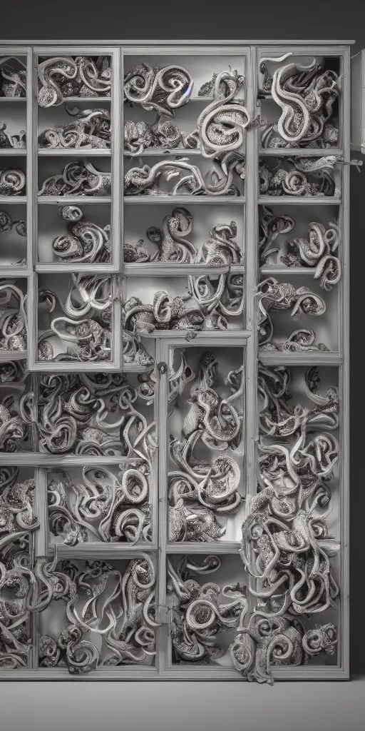 Image similar to a wideshreen photo of a huge cabinet full of octopuses cinematic lighting, silverplate, hyper realistic, very detailed, Octane render 8k