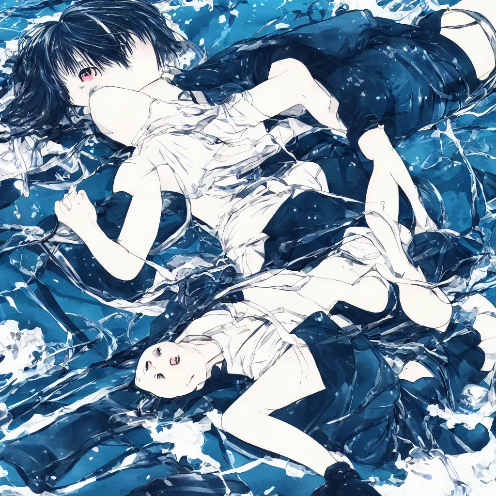 Prompt: high quality illustration of anime girl laying on the floor in an empty white void, drawn by yoshitoshi abe, dystopian, blueish tones