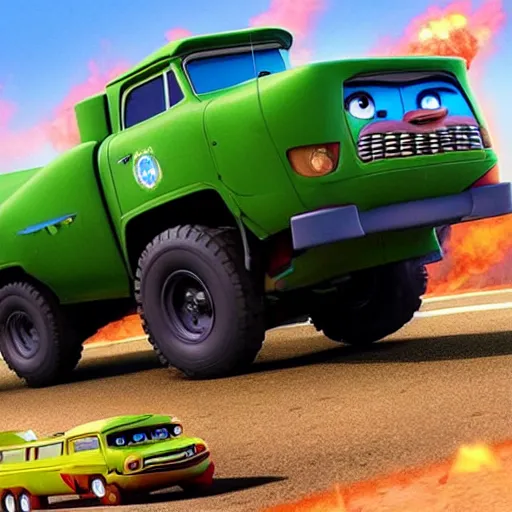 Prompt: HIMARS in Cars Pixar movie, detailed, green