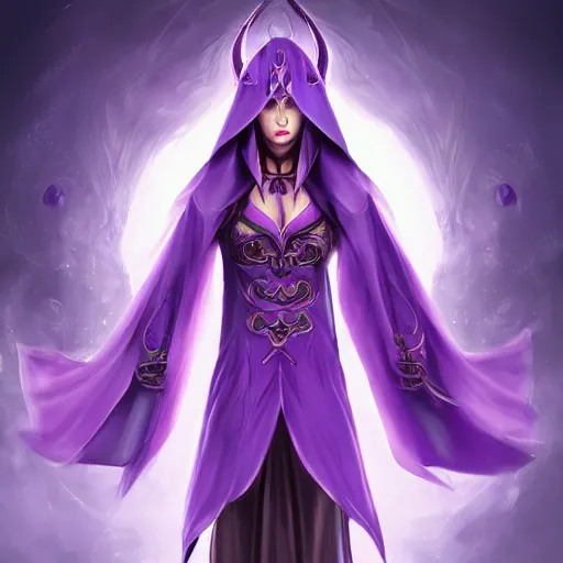 Image similar to female warlock long hood cloak purple, beautiful face purple eyes. fighting monster with magic, 8 k, trending on artstation by tooth wu