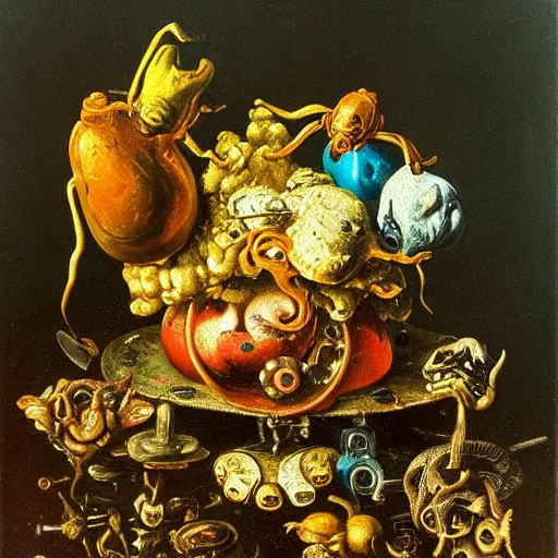 Image similar to disturbing colorful oil painting dutch golden age vanitas still life with bizarre mechanical objects strange gooey surfaces shiny metal bizarre mutant insects rachel ruysch dali todd schorr very detailed perfect composition rule of thirds masterpiece canon 5 0 mm, cinematic lighting, photography, retro, film, kodachrome