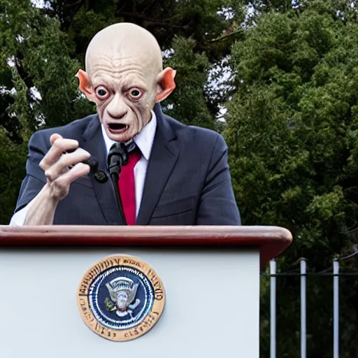 Prompt: president gollum giving a speech in front of the white house