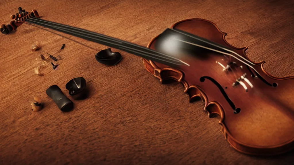 Image similar to a violin on an ancient wood table in victorian house, close up view, 3/4 view, beautiful reflexions, detailed wooden table, photorealistic, photorealism, diffuse light, octane render