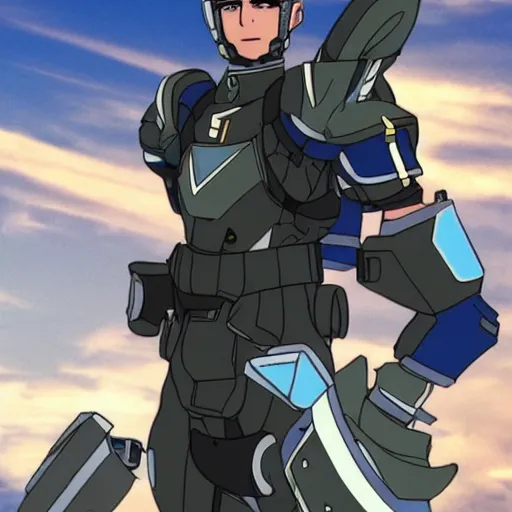 Image similar to a futuristic soldier captain with a metal visor and a blue shoulderpad in anime style