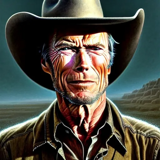 Prompt: closeup portrait shot of clint eastwood wearing a cowboy hat in a scenic dystopian environment, intricate, elegant, highly detailed, centered, digital painting, artstation, concept art, smooth, sharp focus, illustration, artgerm, tomasz alen kopera, peter mohrbacher, donato giancola, joseph christian leyendecker, wlop, boris vallejo