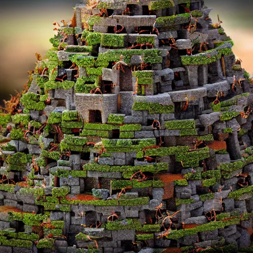 Prompt: ants building a tower of babel, depth of field, dslr, tilt shift, stone tower, 8k, nature photography