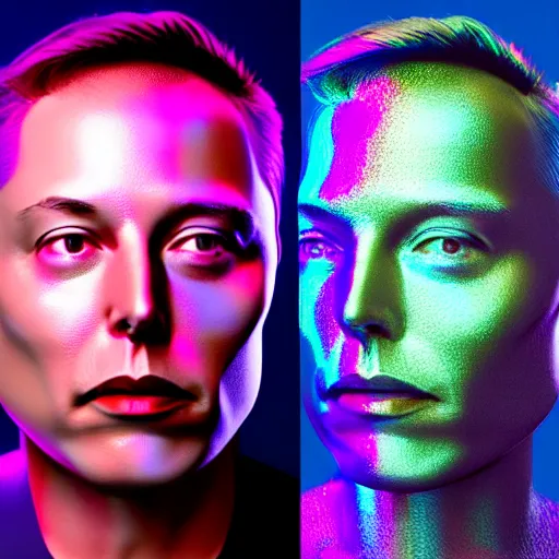 Image similar to 3d render of Elon Musk as a holographic human robotic head made of glossy iridescent, surrealistic 3d illustration of a human face non-binary, non binary model, 3d model human, cryengine, made of holographic texture, holographic material, holographic rainbow, concept of cyborg and artificial intelligence