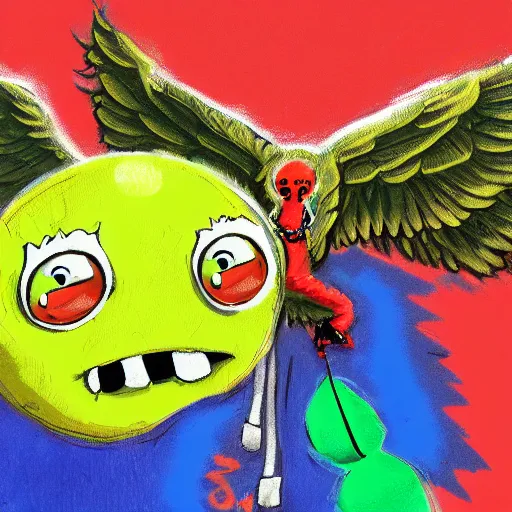 Image similar to a tennis ball monster with angel halo and wings, golden chain necklace, balaclava, tennis ball, urban, hip hop, rap, colorful, digital art, fantasy, magic, trending on artstation, ultra detailed, professional illustration by Basil Gogos