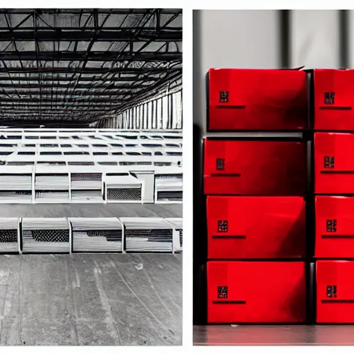 Image similar to two frames of equal size, the first is a picture of a warehouse full of boxes, the second is an identical picture to the first except the boxes are red