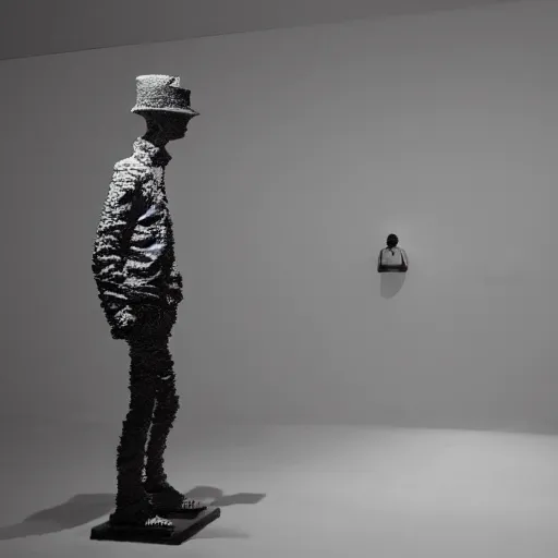 Image similar to a running man with a hat and a big head in a void space, long arm, sculpture by Kohei Nawa, ultra detailed 16k