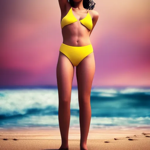 Prompt: real life photo of a beautiful girl, full body photoshoot, short yellow black hair, golden watery eyes, full round face, short smile, pale pink bikini, serene beach setting, cinematic lightning, medium shot, mid - shot, highly detailed, trending on artstation, unreal engine 4 k, 8 0 mm, 8 5 mm, cinematic wallpaper