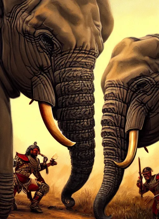 Image similar to portrait of two armored war - elephants, asian elephant, fight scene, closeup portrait, historical, ethnic decoration, elegant, loin cloth, highly detailed, oil painting, artstation, concept art, matte, sharp focus, illustration, hearthstone, art by earl norem