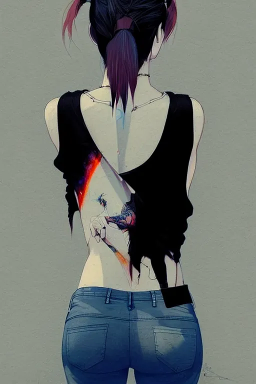 Image similar to a ultradetailed beautiful back painting of a stylish woman, she is wearing a black tank top and jeans, her hair is in a pony tail, by conrad roset, greg rutkowski and makoto shinkai trending on artstation