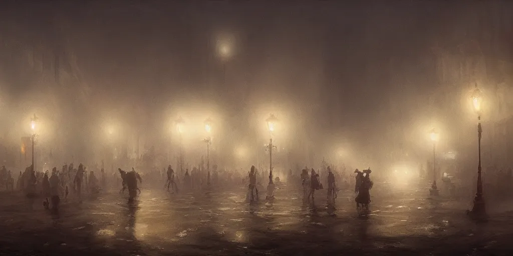 Image similar to a heavy swirling fog during a parade, soft lighting, night, unreal engine, digital art, 8 k, oil painting, fantasy art, illustration, detailed and intricate environment