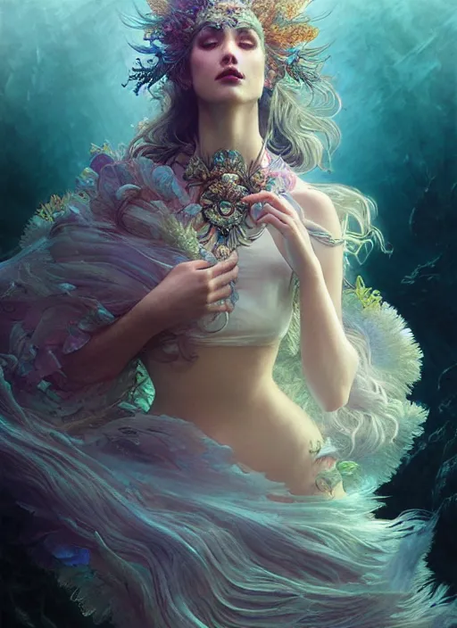 Prompt: photoshoot underwater goddess, wearing a feathered cloak and a fancy silk floral dress, desaturated color, ornate, ultra realistic, concept art, intricate details, eerie, highly detailed, photorealistic, octane render, 8 k, unreal engine. art by artgerm and greg rutkowski and charlie bowater and magali villeneuve and alphonse mucha