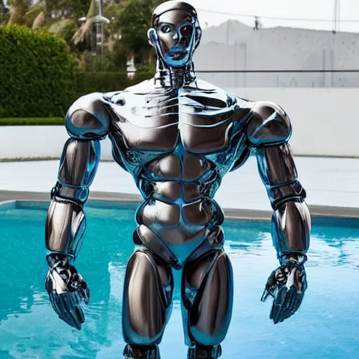 Image similar to twitch streamer / gamer ludwig, ice statue, blank stare, a realistic detailed photo of a guy who is an attractive humanoid who is half robot and half humanoid, by the pool, posing like a statue, showing off his muscles, made of ice, shiny skin, on display, who is a male android, humanoid robot