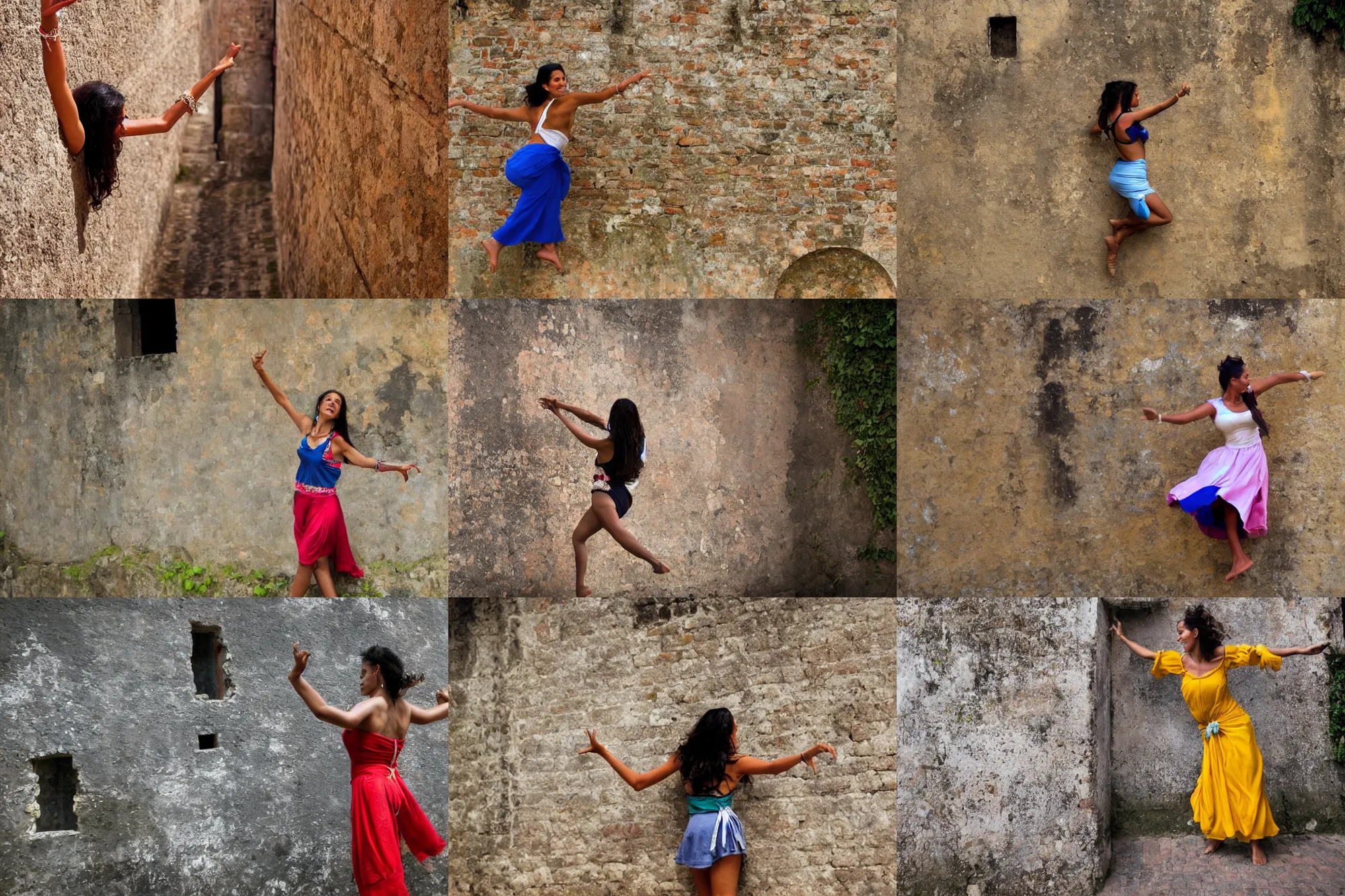 Prompt: brazilian woman dancing on the walls of an old castle