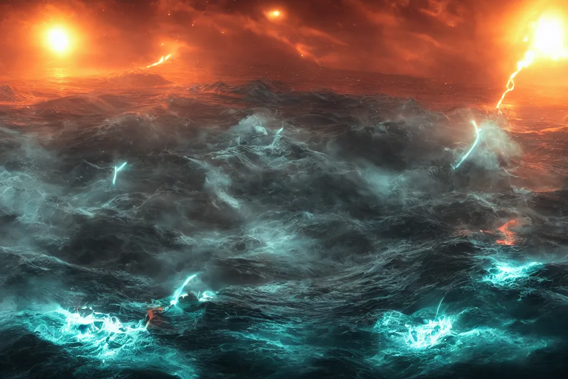 Image similar to colossal shaman gods destroying very living thing in the ocean, cast across the night sky, 8 k, ultra realistic, lens flare, atmosphere, glow, detailed, intricate, full of colour, cinematic lighting, trending on artstation, 4 k, hyperrealistic, focused, extreme details, unreal engine 5, cinematic, masterpiece