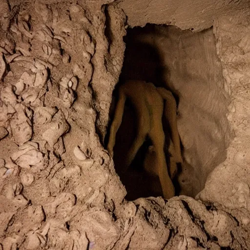 Prompt: found footage of a man made of clay emerging from a wall inside of a cave made of clay, creepy, flash photography, unsettling, moist