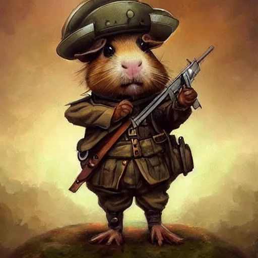 Image similar to cute little anthropomorphic Guinea Pig ww1 soldier, tiny, small, short, military outfit, cute and adorable, pretty, beautiful, DnD character art portrait, matte fantasy painting, DeviantArt Artstation, by Jason Felix by Steve Argyle by Tyler Jacobson by Peter Mohrbacher, cinema