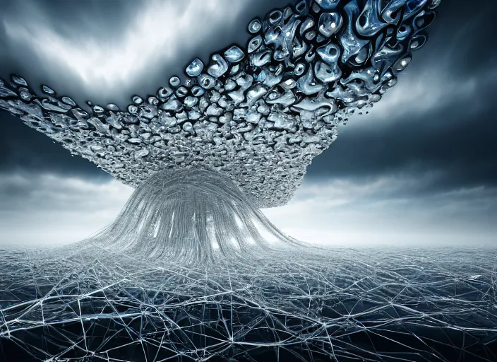 Prompt: , multifaceted clouds by erik johansson, white pearlescent, chrome, iridescent metals, liquid gold, biomechanical garment, cinematic, crystalline masterpiece diamond incrustations, hyperdetailed metalwork, in volumetric soft glowing mist by h. r. giger full frame mirrorless sensor, movie still, octane render, pixar, crepuscular rays,