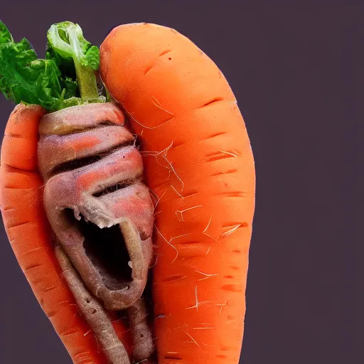 Prompt: a carrot covered in human skin with a hole in the tip