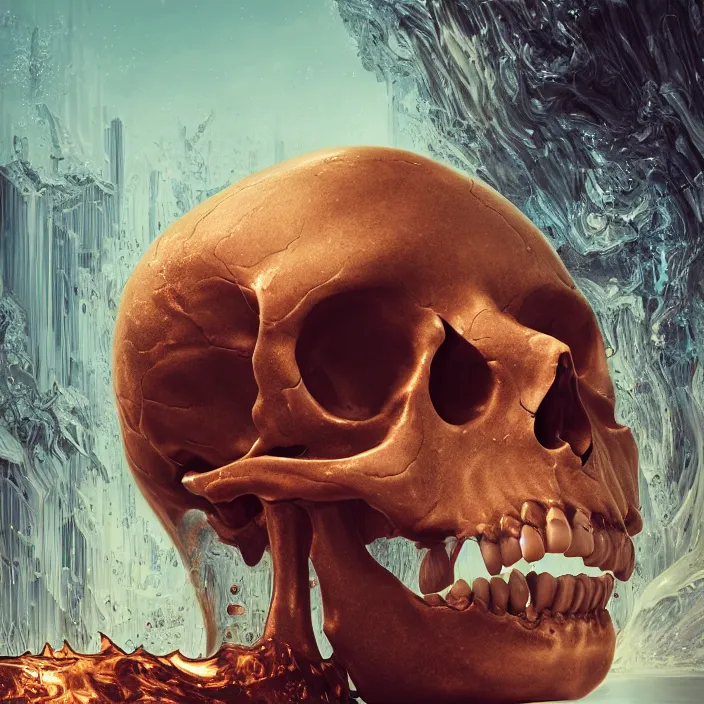 Prompt: a human skull, melting. burning water distortions. intricate abstract. intricate artwork. by Tooth Wu, wlop, beeple, dan mumford. octane render, trending on artstation, greg rutkowski very coherent symmetrical artwork. cinematic, hyper realism, high detail, octane render, 8k, depth of field, bokeh. iridescent accents