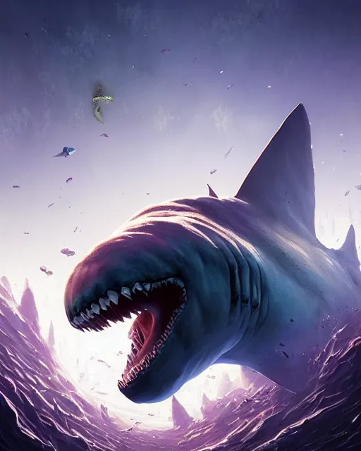 Image similar to portrait of megalodon - exterminator - royal - king, intricate abstract. intricate artwork, by tooth wu, wlop, beeple, dan mumford. concept art, octane render, trending on artstation, greg rutkowski very coherent symmetrical artwork. cinematic, key art, hyper realism, high detail, octane render, 8 k, iridescent accents