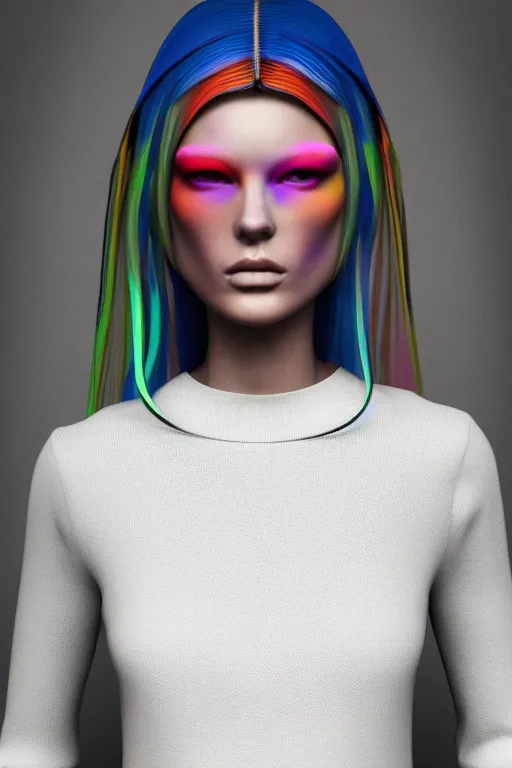 Image similar to stylish pullover for a rave, bright colors, many details, prints, photo for a magazine, photo for a store, fashion photography, Vogue, cinematic, hyper realism, high detail, octane render, 8k, very coherent symmetrical work, perfect face model, full length photo, Upper and lower body, even skin tone,Soft shadows on the face, white eyes, photographer style by Nik Night Erik Madigan Hec and Walter Chin and Camilla Akrans and Miles Aldridge