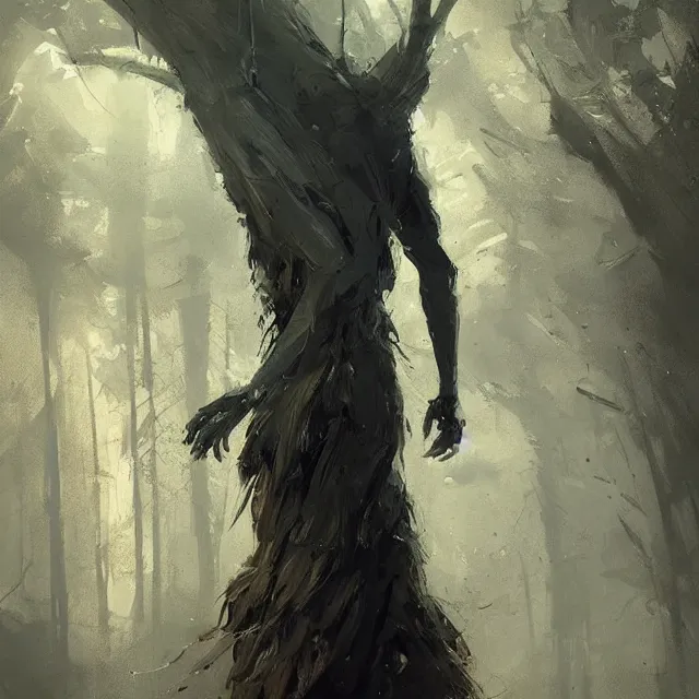 Image similar to a painting of a walking tree by greg rutkowski, dark fantasy art, high detail, trending on artstation