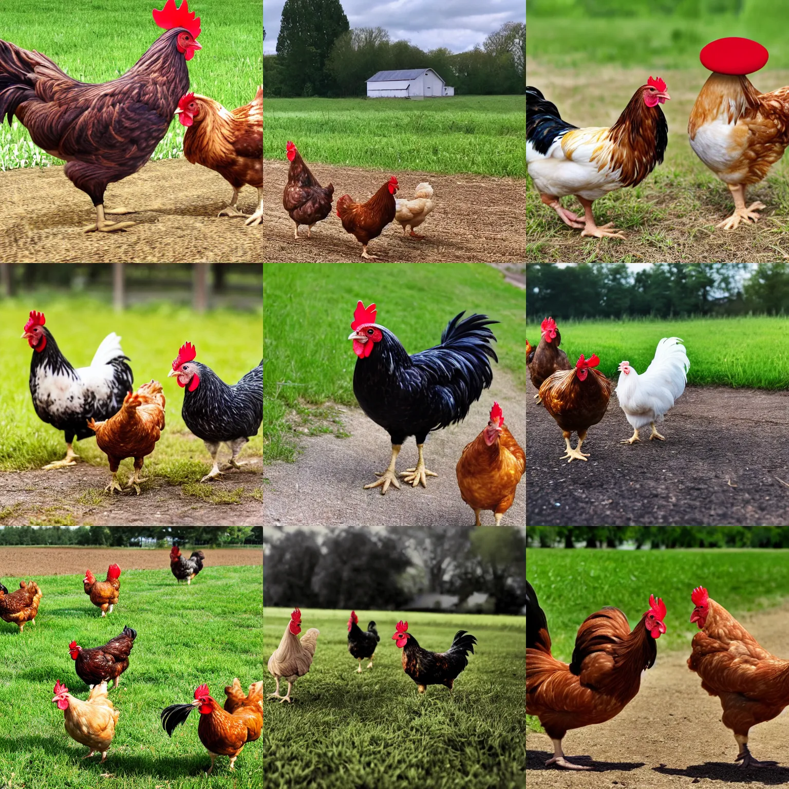Prompt: chickens running away from a farm wearing french beret hat realistic 4k uhd