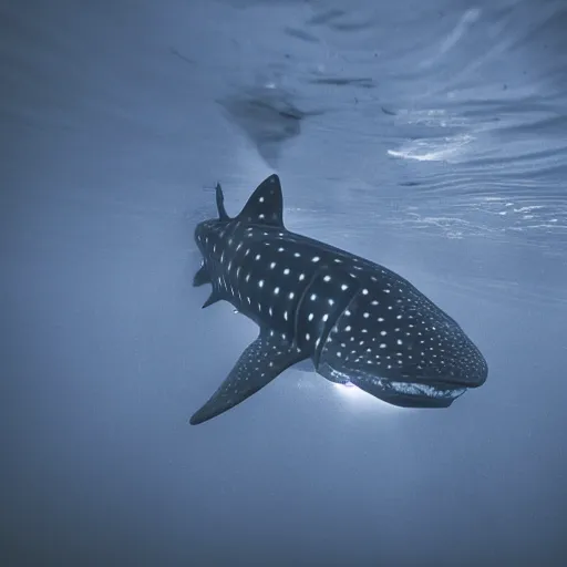 Image similar to a bioluminescent whale shark deep under the sea, award winning nature photography