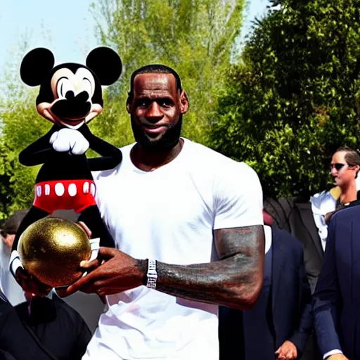 Image similar to Lebron James Holding a statue of mickey mouse