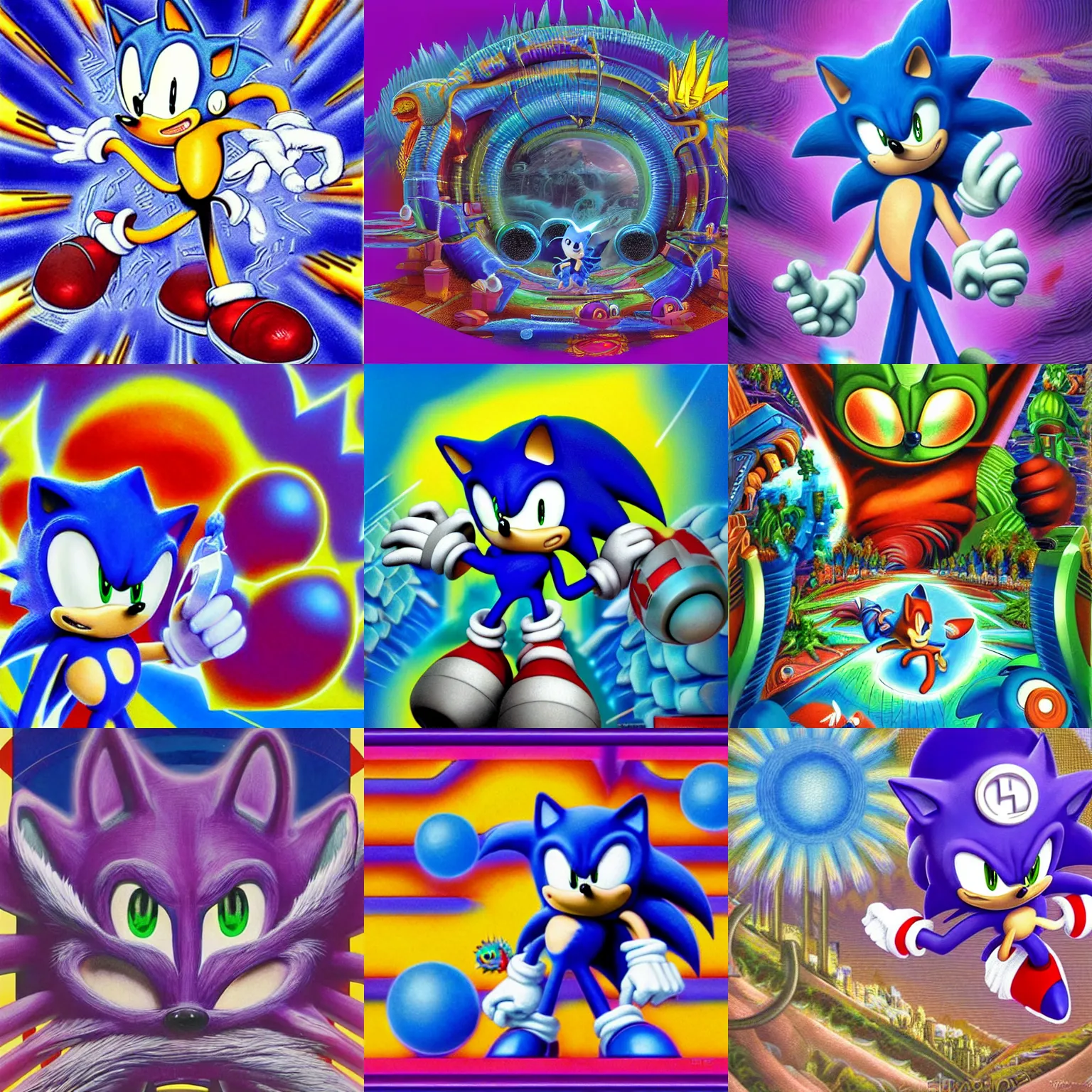 Prompt: sonic the hedgehog portrait dreaming of chrome claymation scifi matte painting landscape of a surreal alex grey, sonic retro moulded professional soft pastels high quality airbrush art album cover of a liquid dissolving airbrush sonic the hedgehog art lsd sonic the hedgehog swimming through cyberspace purple checkerboard background 1 9 8 0 s 1 9 8 2 sega genesis video game