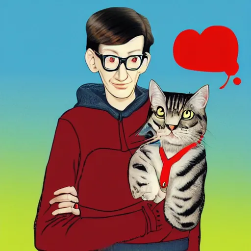 Image similar to an album of neil cicierega holding a cat, in a red color style, in a railroad background