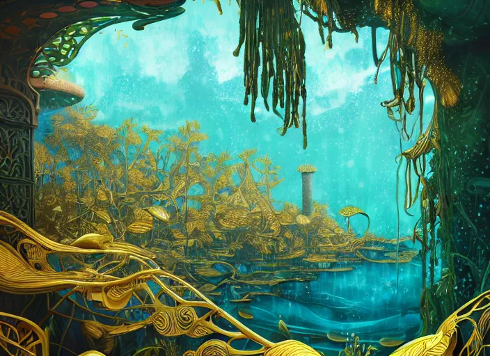 Prompt: foliage in art nouveau favela, underwater environment, borealis, scenery, professional, award - winning, trending on artstation, hyper detailed, realistic, beautiful, emotional, shiny, golden, picture