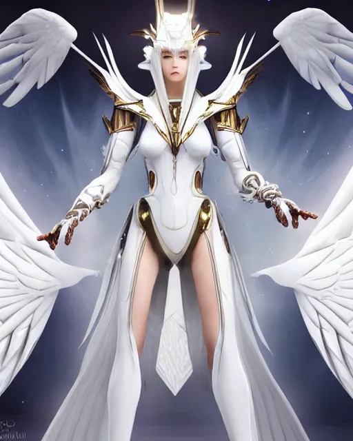 Prompt: regal white haired attractive egyptian goddess with huge white dove wings, warframe armor, beautiful, symmetric, dreamy, half asian, pretty face, blue eyes, detailed, scifi platform, laboratory, experiment, 4 k, ultra realistic, epic lighting, android body, illuminated, cinematic, masterpiece, art by akihito tsukushi, voidstar